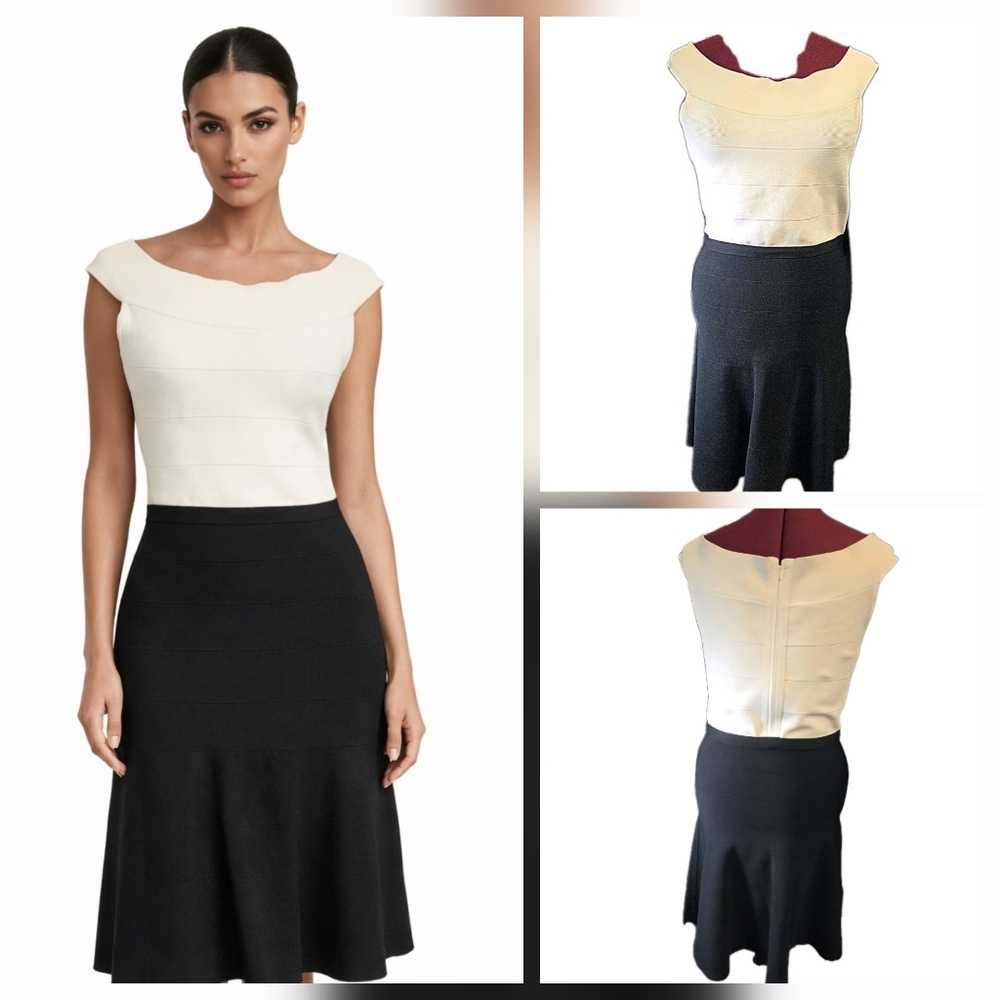 Laundry by Shelli Segal Bandage Knit Dress Black Ivory Heavyweight Ponte L